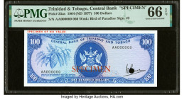 Trinidad & Tobago Central Bank of Trinidad and Tobago 100 Dollars 1964 (ND 1977) Pick 35as Specimen PMG Gem Uncirculated 66 EPQ. Cancelled with 1 punc...