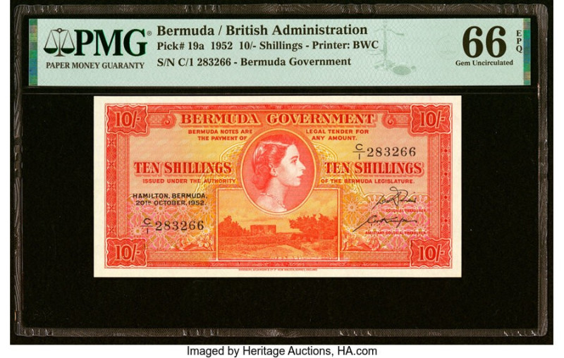 Bermuda British Administration 10 Shillings 20.10.1952 Pick 19a PMG Gem Uncircul...