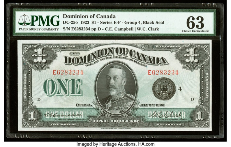 Canada Dominion of Canada $1 2.7.1923 DC-25o PMG Choice Uncirculated 63. Minor r...