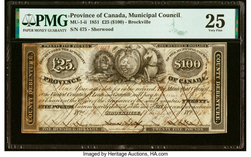 Canada Municipal Issue, Brockville United Counties of Leeds and Greenville $100 ...