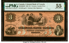 Canada Toronto, CW- Colonial Bank of Canada $3 4.5.1859 Ch.# 130-10-04-06 PMG About Uncirculated 55. HID09801242017 © 2022 Heritage Auctions | All Rig...