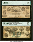 Canada Elgin, CW- Zimmerman Bank $10 185x Ch.# 815-12-08-08R Remainder PMG Choice Fine 15; Canada La Prairie, LC- Henry's Bank at Montreal Branch $2 1...
