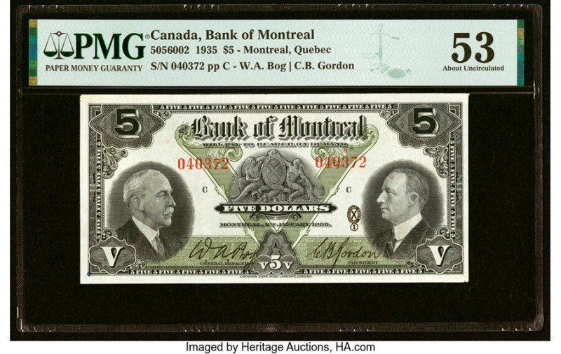 Canada Montreal, PQ- Bank of Montreal $5 2.1.1935 Ch.# 505-60-02 PMG About Uncir...