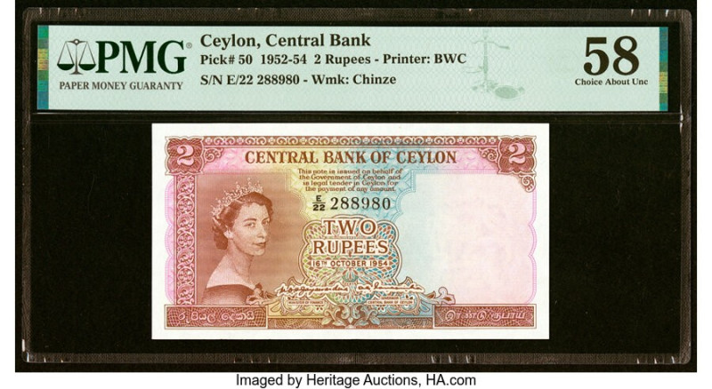 Ceylon Central Bank of Ceylon 2 Rupees 16.10.1954 Pick 50 PMG Choice About Unc 5...