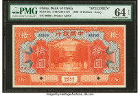 China Bank of China, Amoy 10 Dollars 10.1930 Pick 69s S/M#C294-172 Specimen PMG Choice Uncirculated 64 EPQ. Red Specimen overprints and two POCs are v...