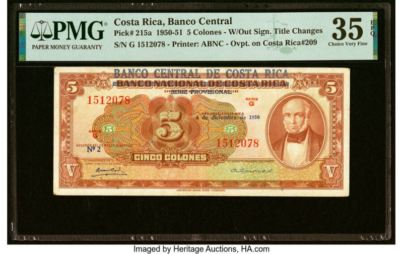Costa Rica Banco Central de Costa Rica 5 Colones 6.12.1950 Pick 215a PMG Choice ...