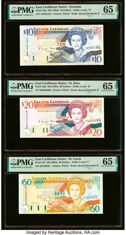 East Caribbean States Central Bank, Grenada 10 Dollars ND (1994) Pick 32g PMG Ge...