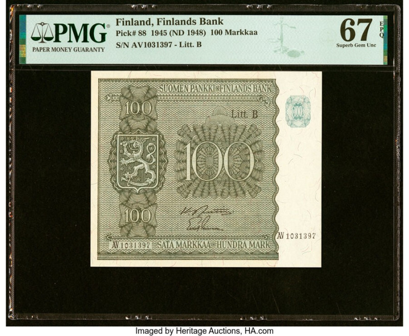 Finland Finlands Bank 100 Markkaa 1945 (ND 1948) Pick 88 PMG Superb Gem Unc 67 E...