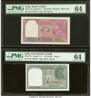 India Reserve Bank of India 1 Rupee ND (1949) Pick 71a Jhun6.1.1.1 PMG Choice Uncirculated 64; India Reserve Bank of India 2 Rupees ND (1937) Pick 17a...