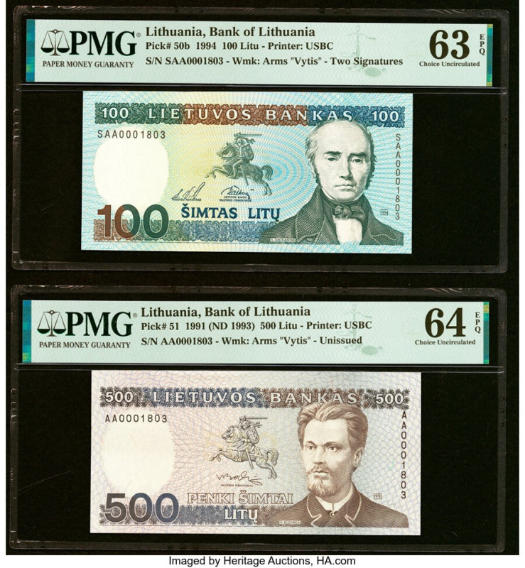 Matching Serial 1803 Lithuania Bank of Lithuania 100; 500 Litu 1994 Pick 50b; 51...