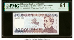 Low Serial 1803 Lithuania Bank of Lithuania 1000 Litu 1991 (ND 1993) Pick 52 PMG Choice Uncirculated 64 EPQ. This lot makes up a matching serial 1803 ...