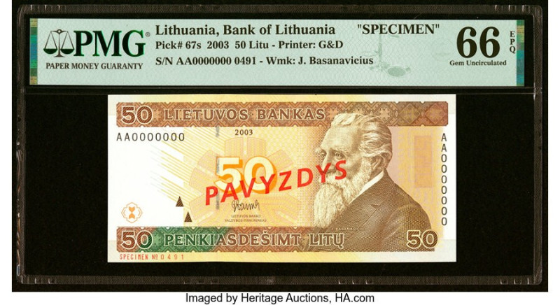 Lithuania Bank of Lithuania 50 Litu 2003 Pick 67s Specimen PMG Gem Uncirculated ...