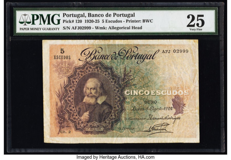 Portugal Banco de Portugal 5 Escudos 8.8.1922 Pick 120 PMG Very Fine 25. HID0980...