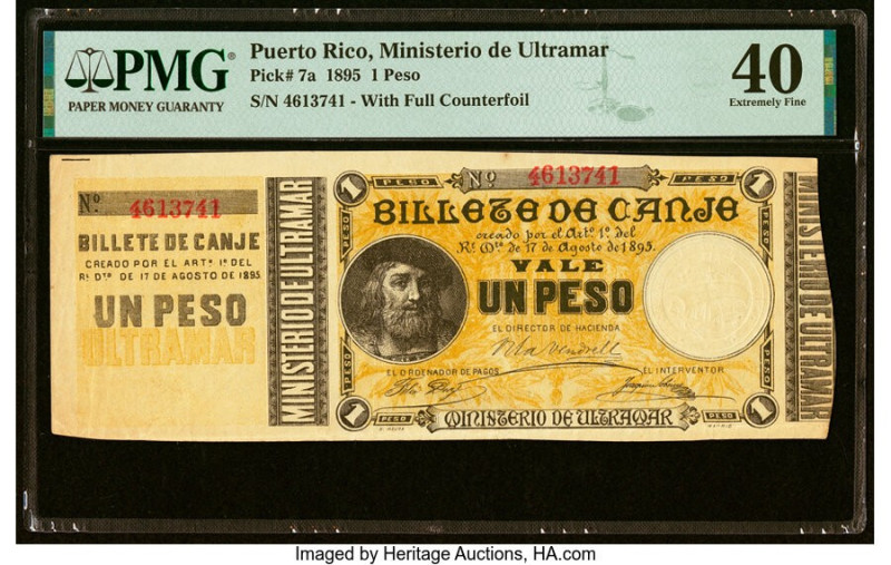 Puerto Rico Ministerio de Ultramar 1 Peso 17.8.1895 Pick 7a PMG Extremely Fine 4...