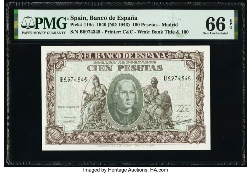 Spain Banco de Espana 100 Pesetas 9.1.1940 (ND 1943) Pick 118a PMG Gem Uncircula...