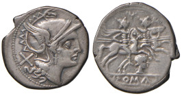 Romane Repubblicane - Denario (circa 206-200 a.C., zecca incerta) Testa elmata di Roma a d. - R/ I Dioscuri a cavallo a d., sotto, testa femminile a d...
