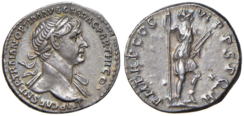 Traiano (98-117) Denario - Testa laureata a d. - R/ La Virtù stante a d. - RIC 3...