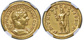 Caracalla (211-217) Aureo - Busto laureato, drappeggiato e corazzato a d. - R/ Giove stante a s tenendo un fulmine e uno scettro - RIC 285b AU In slab...