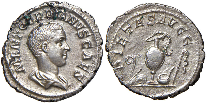 Gordiano III (Cesare, 238) Denario - Busto a d. - R/ Strumenti sacrificali - RIC...