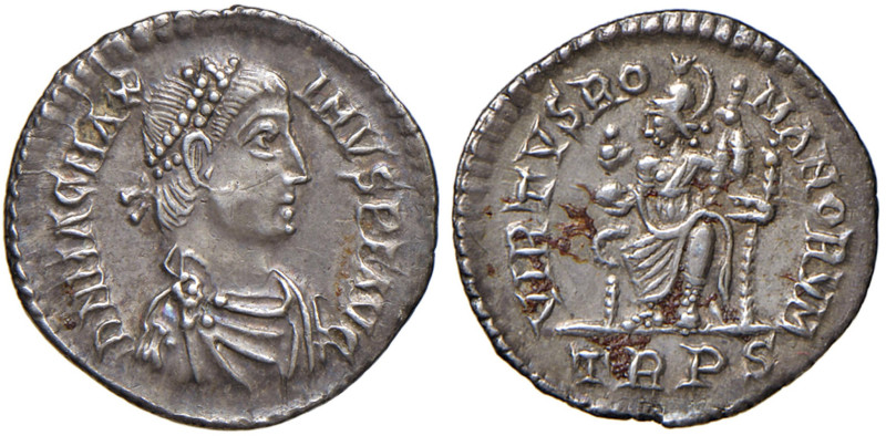 Magno Massimo (383-388) Siliqua (Treveri) Busto diademato a d. - R/ Roma seduta ...