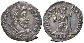 Eugenio (392-394) Siliqua (Mediolanum) Busto diademato a d. - R/ Roma seduta a s. - RIC 32c AG (g 1,63) RR
BB+/SPL
