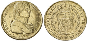 CILE Fernando VII (1808-1821) 8 Escudos 1809 - Fr. 28 AU (g 26,61) Segni e graffi diffusi, lucidata
BB/BB+