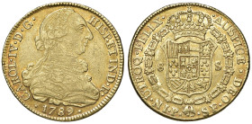 COLOMBIA Carlo IV (1788-1808) 8 Escudos 1789 P - Fr. 44 AU (g 27,06) Graffietti, metallo brillante
BB+/qSPL