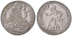 FIRENZE Cosimo III (1670-1723) Lira 1677 - MIR 335 AG (g 4,42) RR Ex Collezione Ravegnani Morosini. Debolezza marginale di conio, delicata patina
SPL