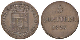 LUCCA Carlo Lodovico di Borbone (1824-1847) 5 Quattrini 1826 - MIR 248 CU (g 4,61) RR
FDC