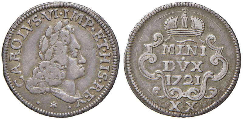 MILANO Carlo VI (1711-1740) 20 Soldi 1721 - MIR 413/1 AG (g 3.78) R Bella patina...