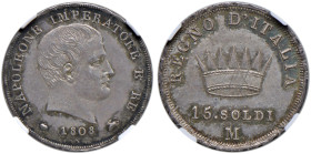 Napoleone (1804-1814) Milano - 15 Soldi 1808 - Gig. 172 AG In slab NGC MS 62 5787321-012. Bella patina
MS 62