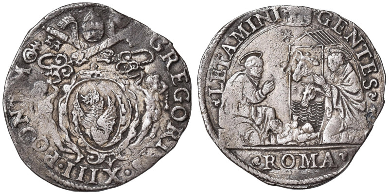 Gregorio XIII (1572-1585) Testone - Munt. 36 AG (g 9,48) RR Schiacciature ai bor...