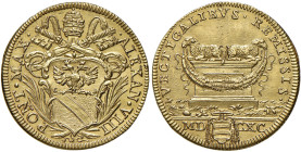 Alessandro VIII (1689-1691) Doppia 1690 - Munt. 9 AU (g 6,69) RRRR Due piccole tacchette al bordo ma bellissimo esemplare di questa rarissima moneta, ...