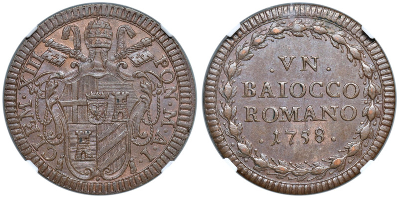 Clemente XIII (1758-1759) Baiocco 1758 A. I - Munt. 34 AU In slab NGC MS 63 BN 6...