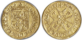 Emanuele Filiberto (1553-1580) Scudo d'oro 1573 - MIR 574c; Fr. 1041 AU RRRRR In slab PCGS MS 62 g 3,32 cod. 897292.62/44002717. Esemplare di conserva...