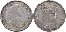 Carlo Emanuele II (1648-1675) Lira 1675 - MIR 925 AG (g 6,05) RR Buon esemplare per questo tipo di moneta
BB+