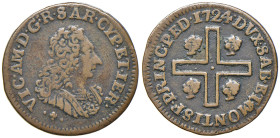 Vittorio Amedeo II (re di Sardegna, 1718-1730) Monetazione per la Sardegna - Cagliarese 1724 - MIR 1023 CU (g 2,67)
BB+