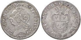 Carlo Emanuele III (1730-1773) Monetazione per la Sardegna - Quarto di scudo 1770 - Nomisma 250 AG (g 5,85) RR
BB