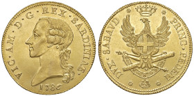 Vittorio Amedeo III (1773-1796) Carlino da 5 doppie 1786 - Nomisma 274; MIR 979 AU (g 45,49) RRR Sul finire del Settecento furono battuti nominali aur...