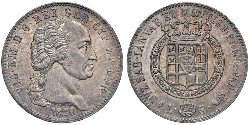 Vittorio Emanuele I (1814-1821) 5 Lire 1820 - Nomisma 519 AG R Bellissima patina...