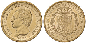 Carlo Felice (1821-1831) 80 Lire 1828 T P - Nomisma 530 AU RRR Colpetti e minimi segnetti ma splendido esemplare di questo rarissimo millesimo
SPL+