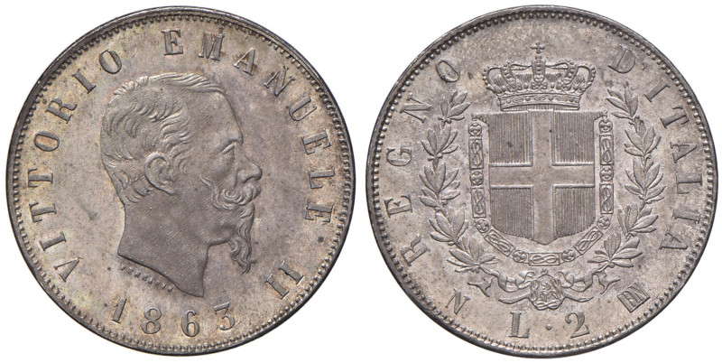 Vittorio Emanuele II (1861-1878) 2 Lire 1863 N stemma - Nomisma 905 AG Esemplare...