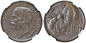 Vittorio Emanuele III (1900-1946) 10 Centesimi 1919 Prova di stampa - P.P. 351; Nomisma P61 CU RRR In slab NGC MS64BN 5887104-007
MS 64 BN