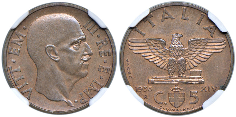 Vittorio Emanuele III (1900-1946) 5 Centesimi 1936 Prova - Nomisma P68 CU RRR In...