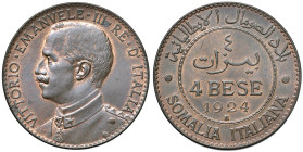 Vittorio Emanuele III (1900-1946) Somalia - 4 Bese 1924 - Nomisma 1434 CU Minimo graffietto sulla testa, rame parzialmente rosso
FDC