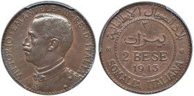 Vittorio Emanuele III (1900-1946) Somalia - 2 Bese 1913 - Nomisma 1437 CU RR In slab PCGS MS 65 BN 343750.65/84088683. Conservazione eccezionale in ra...