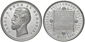 ROMANIA Carol I (1866-1914) Medaglia 1881 proclamazione del regno il 10 maggio 1881 - Opus: W. Kullrich - MA (g 75,78 - Ø 58 mm) Conservazione eccezio...
