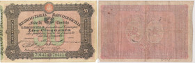 Banco di Sicilia - 50 Lire Fede di Credito - 02/01/1875 79445, diffusi forellini e strappo al margine inferiore destro, Rif. Gav. 246 RRR
BB