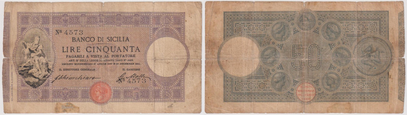 Banco di Sicilia - 50 Lire 2° Tipo - 16/12/1911 4573, rarissimo biglietto con fi...
