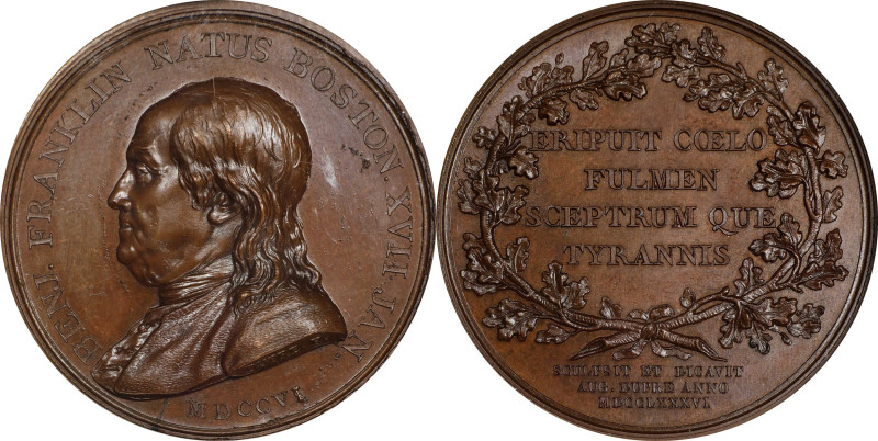 "1786" (1845-1860) Benj. Franklin Natus Boston Medal. Paris Mint Restrike. By Au...